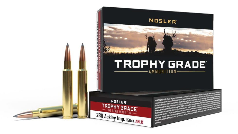 Nosler Trophy Grade .280 Remington Ackley Improved 150 Grain AccuBond Long Range Brass Cased Centerfire Rifle Ammo, 20 Rounds, 60116