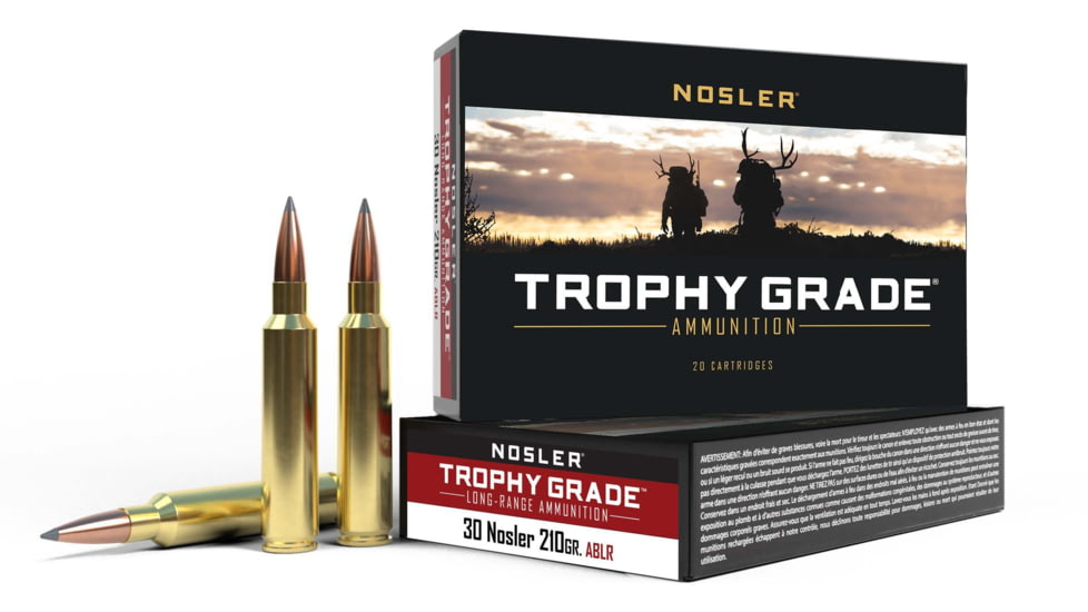 Nosler Trophy Grade AccuBond Long Range .30 Nosler 210 Grain Jacketed Soft Point Brass Cased Centerfire Rifle Ammo, 20 Rounds, 60118