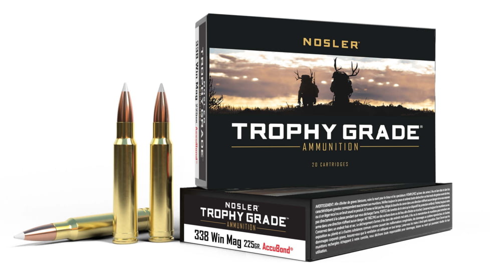 Nosler Trophy Grade .338 Win Mag 225 Grain AccuBond Brass Cased Centerfire Rifle Ammo, 20 Rounds, 60074