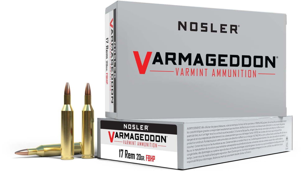 Nosler Varmageddon .17 Remington 20 Grain Flat Base Hollow Point Brass Cased Centerfire Rifle Ammo, 20 Rounds, 65100