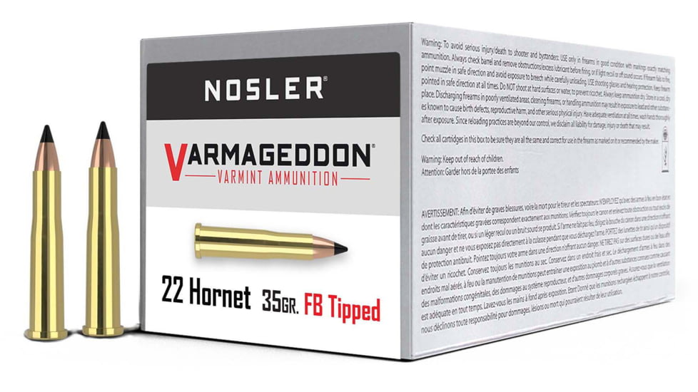 Nosler Varmageddon .22 Hornet 35 Grain Flat Base Tipped Brass Cased Centerfire Rifle Ammo, 20 Rounds, 41132