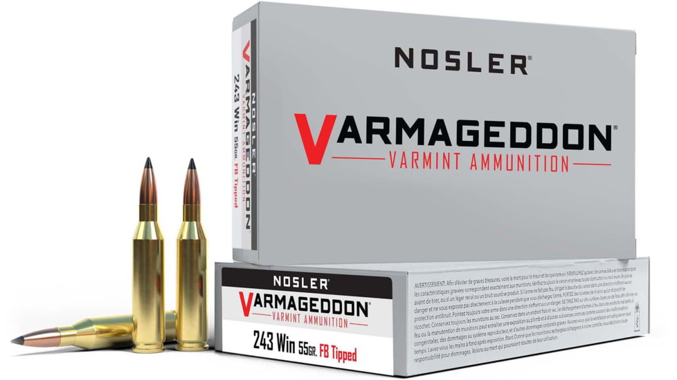 Nosler Varmageddon .243 Winchester 55 Grain Flat Base Tipped Brass Cased Centerfire Rifle Ammo, 20 Rounds, 65165