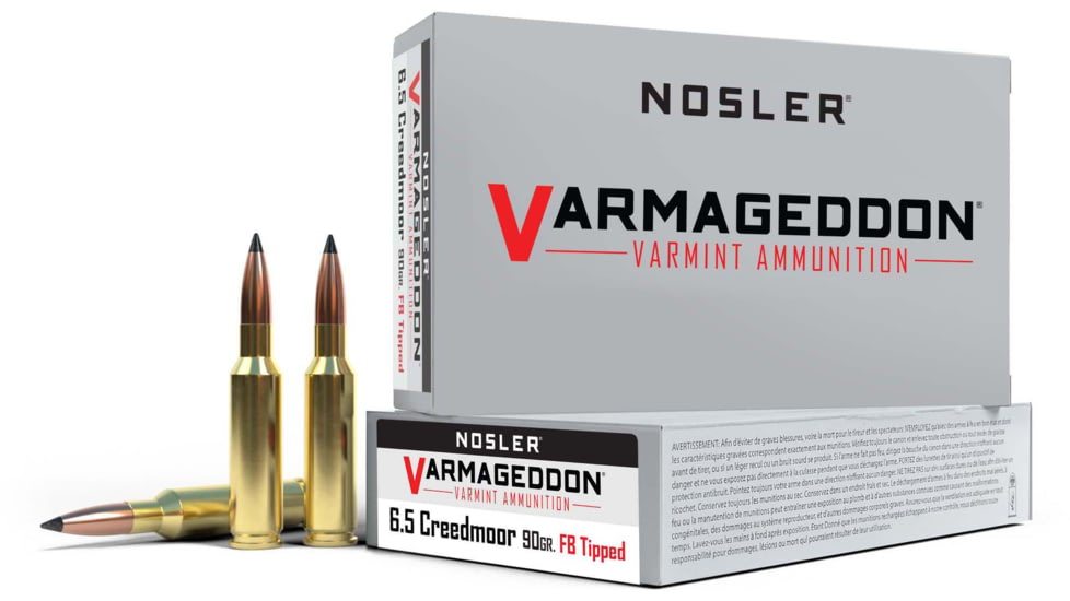 Nosler Varmageddon 6.5mm Creedmoor 90 Grain Flat Base Tipped Brass Cased Centerfire Rifle Ammo, 20 Rounds, 65175
