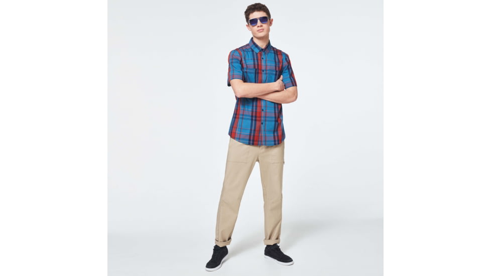 Oakley Checked Woven Short Sleeve Shirt - Mens, Orange Check, Extra Small, FOA400030-97E-XS