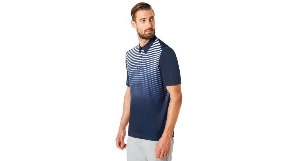 Oakley Polo Shirt Short Sleeve Striped Ellipse - Mens, Fathom, Small, 434229-6AC-S