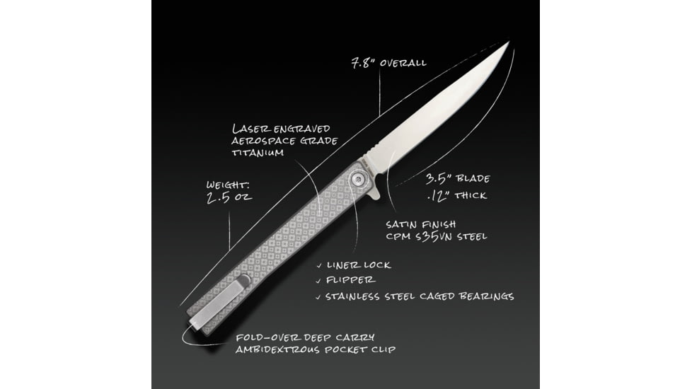 Ocaso Knives Engraved Solstice Folding Knife, 3.5in, CPM S35VN, Clover Pattern/Titanium Handle, Grey, 10ECS