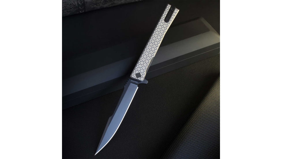 Ocaso Knives Engraved Solstice Folding Knife, 3.5in, CPM S35VN, Clover Pattern/Titanium Handle, Grey, 10ECS
