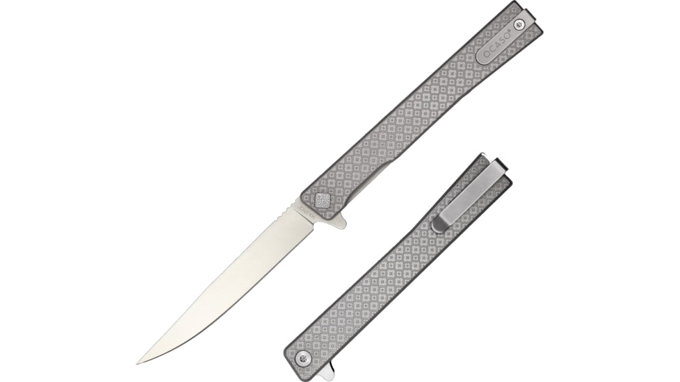 Ocaso Knives Engraved Solstice Folding Knife, 3.5in, CPM S35VN, Clover Pattern/Titanium Handle, Grey, 10ECS