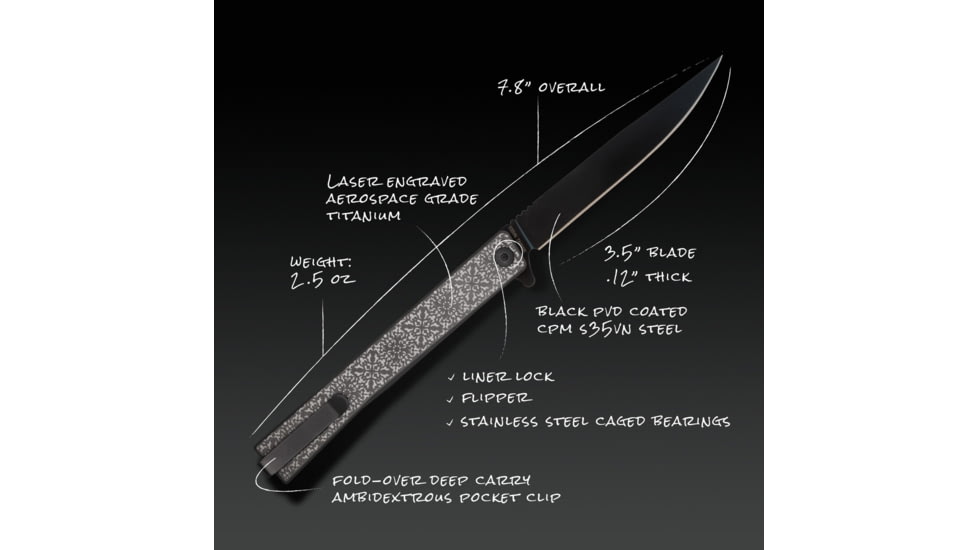 Ocaso Knives Engraved Solstice Folding Knife, 3.5in, CPM S35VN, Fleur-De-Lis/Titanium Pattern Handle, Black, 10EFB