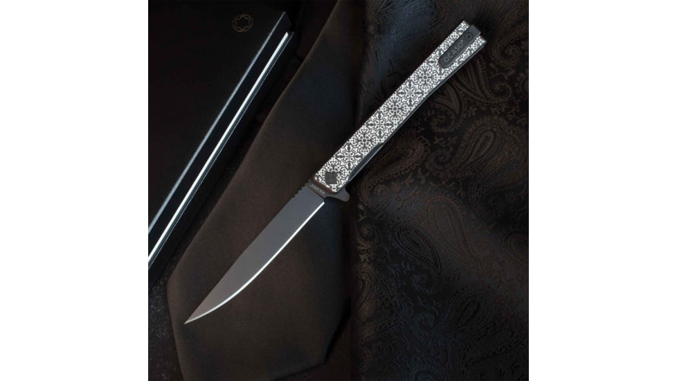 Ocaso Knives Engraved Solstice Folding Knife, 3.5in, CPM S35VN, Fleur-De-Lis/Titanium Pattern Handle, Black, 10EFB