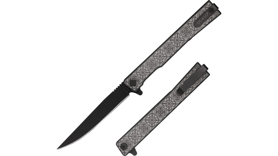 Ocaso Knives Engraved Solstice Folding Knife, 3.5in, CPM S35VN, Fleur-De-Lis/Titanium Pattern Handle, Black, 10EFB
