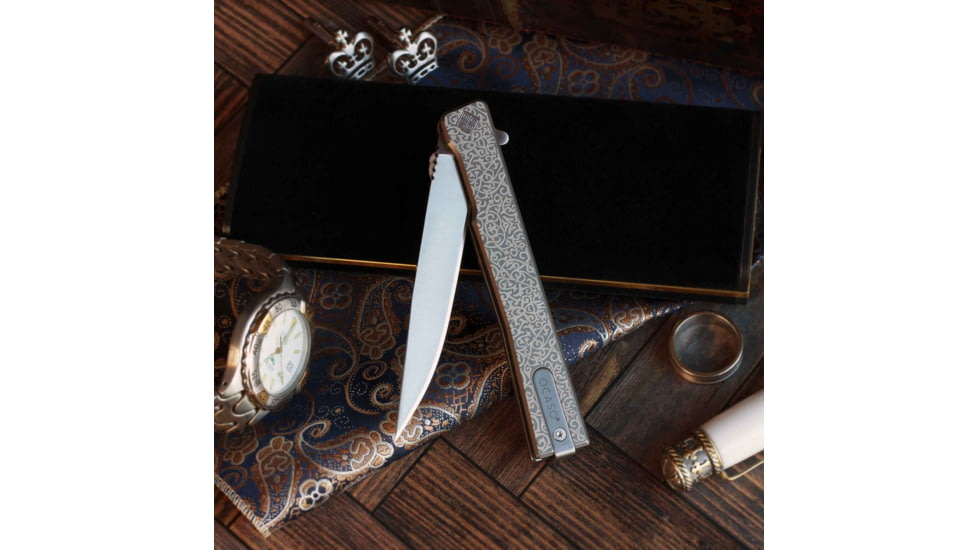 Ocaso Knives Engraved Solstice Folding Knife, 3.5in, CPM S35VN, Vine/Titanium Pattern Handle, Grey, 10EVS
