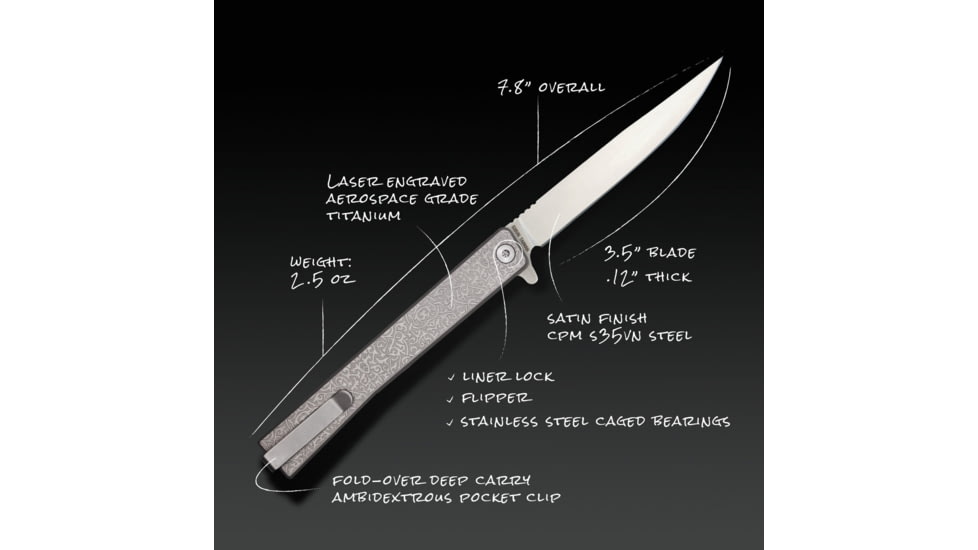 Ocaso Knives Engraved Solstice Folding Knife, 3.5in, CPM S35VN, Vine/Titanium Pattern Handle, Grey, 10EVS