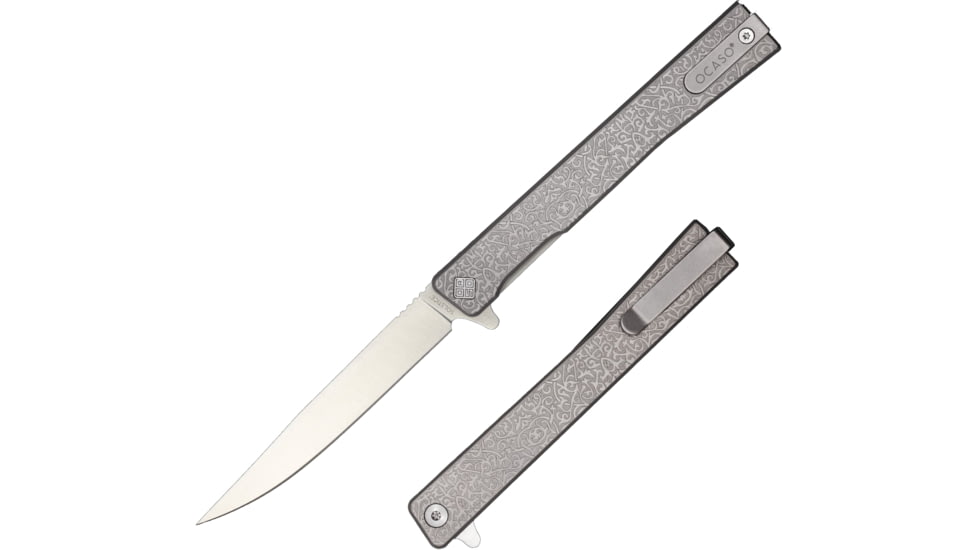Ocaso Knives Engraved Solstice Folding Knife, 3.5in, CPM S35VN, Vine/Titanium Pattern Handle, Grey, 10EVS