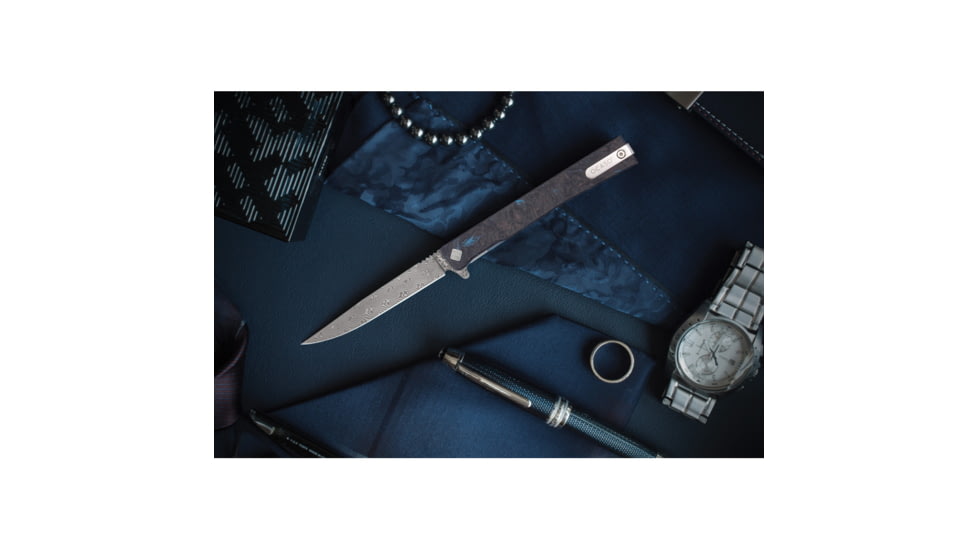 Ocaso Knives Solstice Folding Knife by Andrew Demko, 3.5in Damascus Steel Blade, Dark Blue Matter Fat Carbon Carbon Fiber Handle, 10IFB