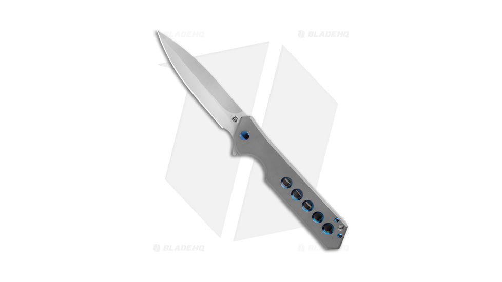 Olamic Cutlery Rainmaker Dagger Folding Knife, 4.125in, Bohler M390 Stainless Steel, Dagger Blade, Titanium Blue/Gray Handle, w/ Blue Holes, Steel/Blue/Gray, 9.625in, BHQ-176715
