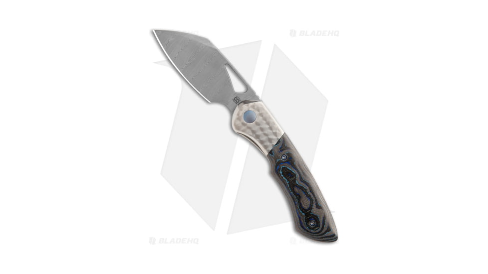 Olamic Cutlery WhipperSnapper BL Folding Knife, 2.875in, Damascus, Sheepsfoot Blade, Carbon Fiber, Titanium Blue/Gray Handle, Black/Blue/Gray, 6.875in, BHQ-182544