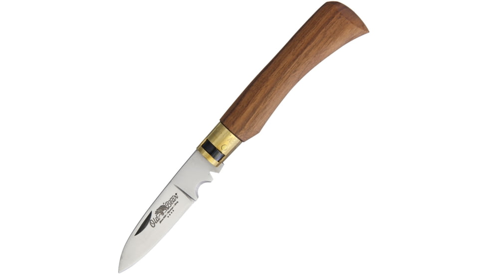 OLD BEAR Electricians Knife Walnut Folding Knife, 3in Satin Aisi 420 SS Blade, Oiled Walnut Handle, Locking Safety Ring, Blade Features Two Wire Scrapers, Brass Ring, 9327/19-LN