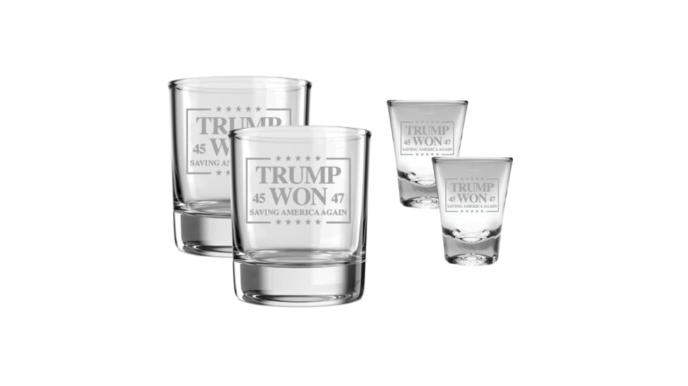 Old Southern Brass TRUMP WON 4 Piece Glass Set 2 whiskey glasses &amp; 2 shot glasses collectible set 0386593B, OSB-TRUMPWON-SET