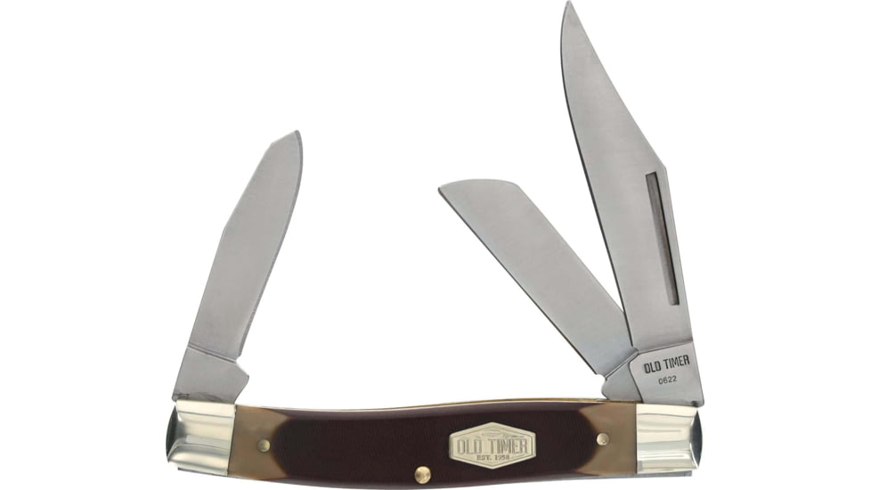 Old Timer Senior 3-Blade Folding Pocket Knife, 3/2.2/2in, SS Clip Point/Sheepsfoot/Spey Blade, Brown Sawcut Handle, 1179237