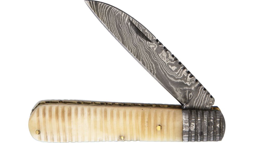 OldForge Barlow Damascus Bone Folding Knife,3.25in,Damascus Steel,Standard Edge,Wharncliffe,White,Bone Handle OF020