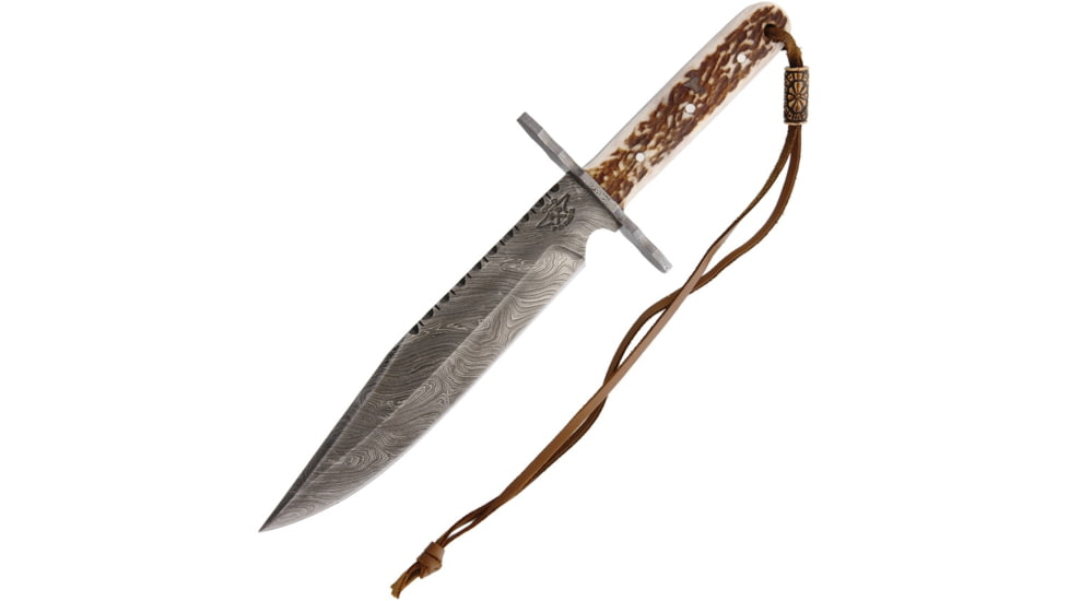 OldForge Damascus Hunter Fixed Blade Knife, 12in Overall, 7.5in Damascus Steel Clip Point Blade, Stag Bone Handle, Damascus Guard, Brown Leather Lanyard, Brown Leather, CT278 CHANGE TO OF041