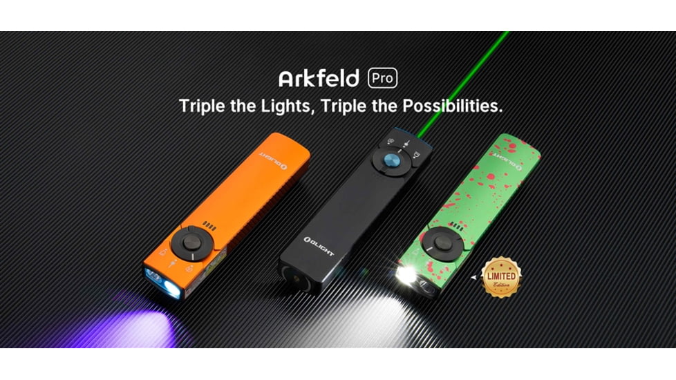 Olight Arkfeld Pro 1300 Lumens LED Rechargeable Flashlight with UV Light &amp; Green Laser, Black, ARKFELD-PRO-3R-BKV