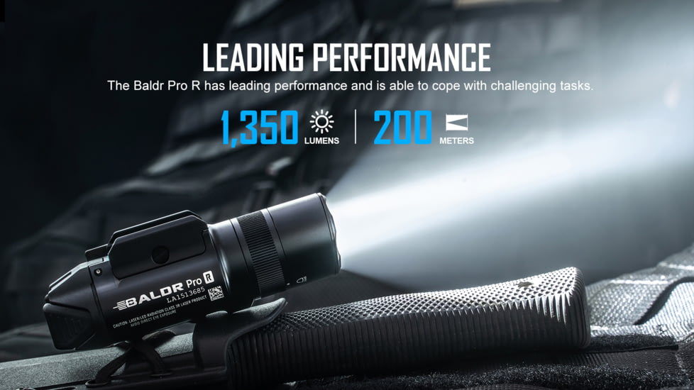 Olight Baldr Pro R Rechargeable And Green Laser Combo LED Flashlight, Cool White, 1350 Lumens, Black, FL-OL-BALDRPROR-BK
