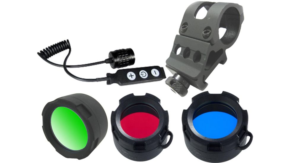 Olight M20S Hunting Set 2 with M20S Warrior - Red Green Blue Filter Kit - WM20 Weapon Mount - and Three Key Remote Pressure Switch DIM, Black M20SHSHNTINGST2