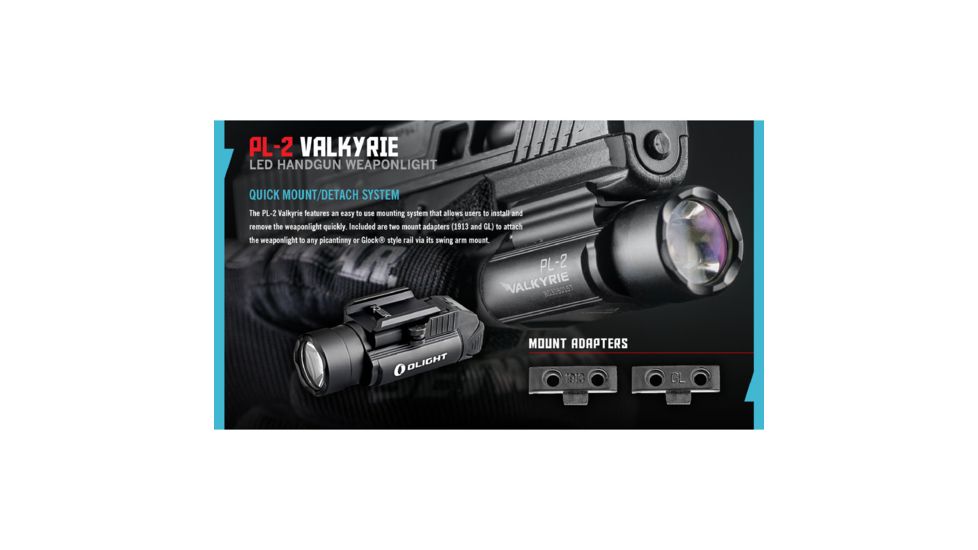 Olight PL-2 Valkyrie Rail Mounted LED Pistol Light, Picatinny and Glock Rails, CREE XHP35 HI CW LED, 1200 Lumens, Includes 2 x CR123As, Black, PL-2-VALKYRIE