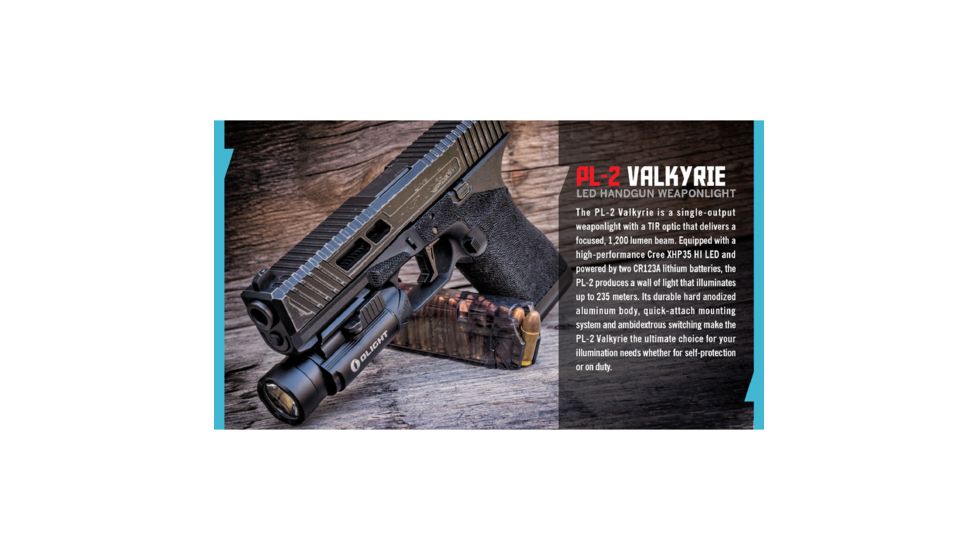 Olight PL-2 Valkyrie Rail Mounted LED Pistol Light, Picatinny and Glock Rails, CREE XHP35 HI CW LED, 1200 Lumens, Includes 2 x CR123As, Black, PL-2-VALKYRIE