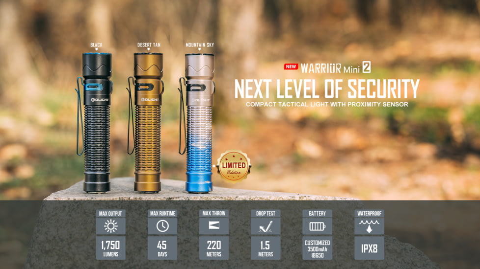 Olight Warrior Mini 2 Rechargeable EDC LED Flashlight, 1750 Lumens, Tan, FL-OL-WARMINI2-TN