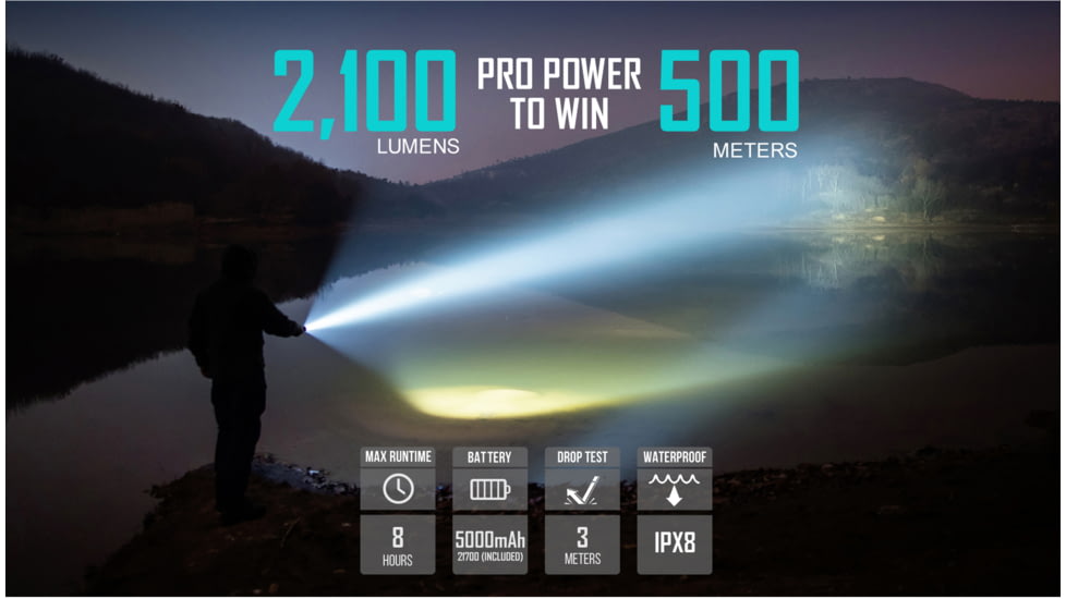 Olight Warrior X Pro Rechargeable Tactical 546 Yard Long Throw w/ 5000mAh Rechargeable Battery LED Flashlight, Neutral White, 2100 Lumens, Black, FL-OL-WARXPRO