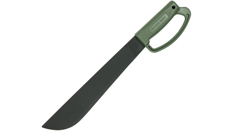 Ontario Knife Camp Plus Machete Knife, 12.5 black coated 1075HC steel blade, Green plastic handle, 8510DTC