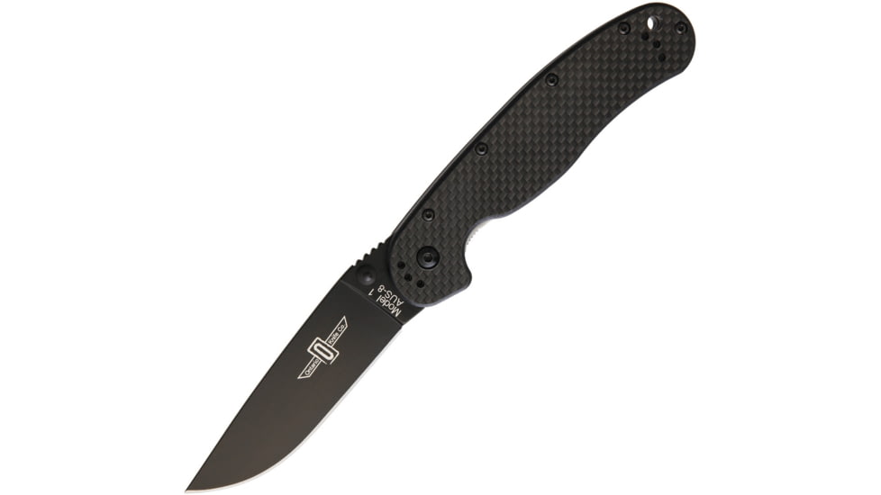 Ontario Knife RAT 1 Drop Point Linerlock Folding Pocket Folding Knife, 3.5in Black Aus-8 SS Drop Point, Carbon Fiber Handle, Thumb Stud, Pocket Clip, Black, 8887CF