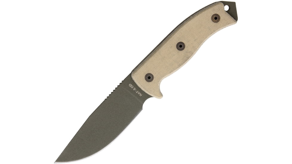 Ontario Knife RAT-5 OD Green Fixed Blade Knife, 10.5in Overall, 5in Green Powder Coated 1095Hc Steel Drop Point, Green Linen Micarta Handle, Glass Breaker, Black Nylon Belt Sheath, Green, 8691