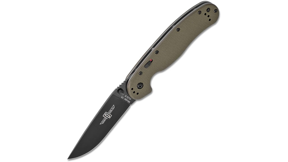 Ontario Knife RAT IA Linerlock A/O Assisted Opening Folding Knife, 3.50 in , Black Finish AUS-8 Stainless Blade, Drop Point Blade, OD Green G10 Handle, 8871OD