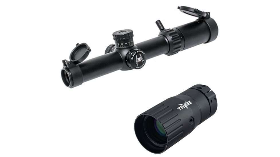Black Spider Optics 1-4x24 Illuminated Rifle Scope, Matte Black, BSO1-4X24 w/ Trybe Optics Enhancer - Magnification Doubler