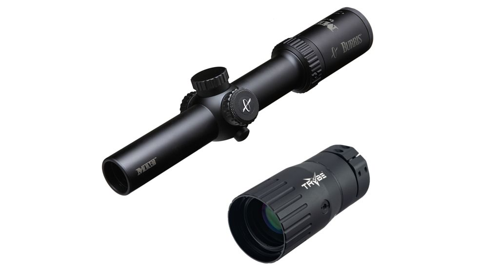 Burris MTAC 1-4x24 mm Rifle Scope, 30 mm Tube, Second Focal Plane, Black, Matte, Red Ballistic Plex CQ Reticle, MOA Adjustment, w/ TRYBE Optics Enhancer, 200437-KIT1