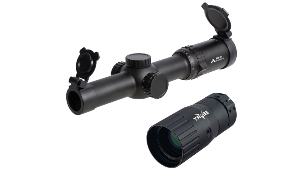 OP Exclusive - Primary Arms SLx 1-8x Variable Waterproof Rifle Scope w/Patented ACSS 5.56/5.45/.308 Reticle, Black PA1-8X24SFP-ACSS-5.56 w/ TRYBE Optics Enhancer - Magnification Doubler