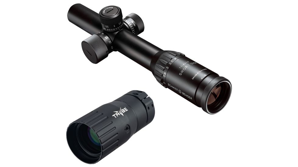 OP Exclusive - Schmidt and Bender Police Marksman Rifle Scope, CQB Reticle, 1pt1-4x20mm 946M855 w/ Trybe Optics Enhancer - Magnification Doubler