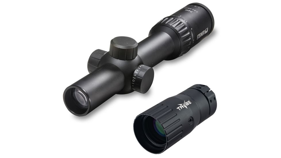 OpticsPlanet Exclusive Steiner P4Xi Rifle Scope, 1-4x24mm, 30mm Tube, Second Focal Plane, P3TR Reticle, Matte, Black, w/ TRYBE Optics Enhancer, 5202-KIT1