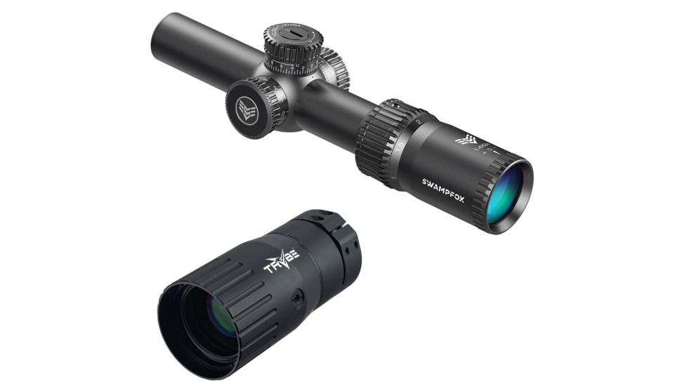 Swampfox Tomahawk LVPO Rifle Scope, 1-4x24mm, 30mm, SFP, Illuminated Guerrilla Dot BDC Reticle, Black, ATK14241-B w/ TRYBE Optics Enhancer - Magnification Double