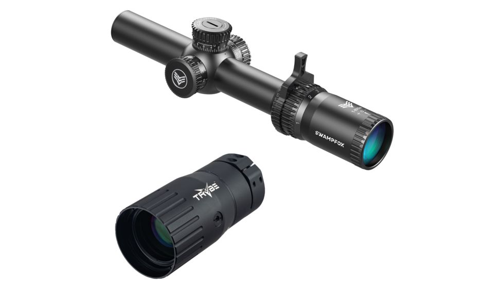 Swampfox Tomahawk LVPO Rifle Scope, 1-8x24mm, 30mm Tube, Second Focal Plane, Illuminated Guerrilla Cross MOA Reticle, Black, ATK18241-M w/ TRYBE Optics Enhancer - Magnification Doubler