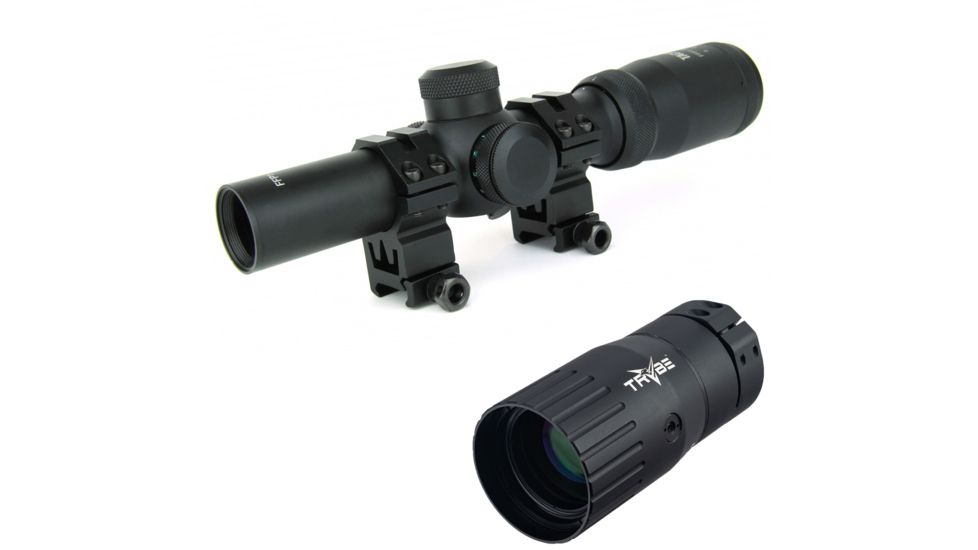 OP Exclusive - Tacfire 1-4X24 Tri. Illuminated First Focal Scope/Rings/Mil-Dot Reticle / Etched Glass, Black, SCFFP1424M w/ Trybe Optics Enhancer - Magnification Doubler