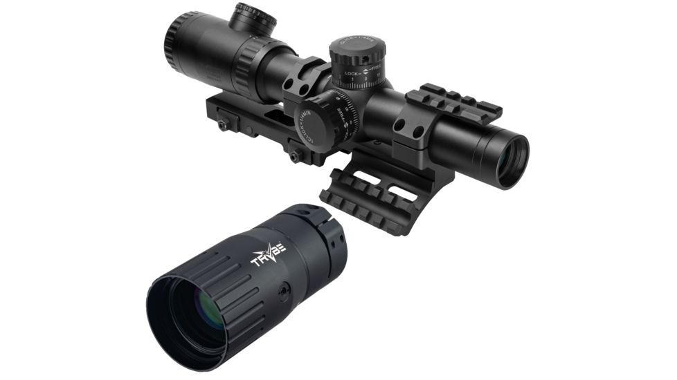 OP Exclusive - Vism Evolution 1.1-4X24 Scope/ Dot Plex/ And Vism Vmsprb Mount Combo, BLACK VEVOFD11424G/SPR w/ Trybe Optics Enhancer - Magnification Doubler