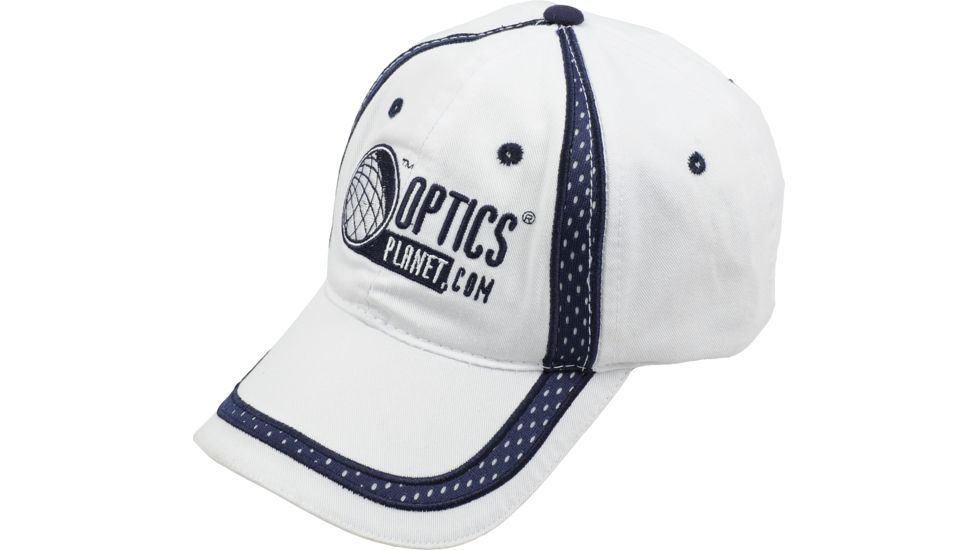 OpticsPlanet Hat 3/4 Front View, White with Blue Details