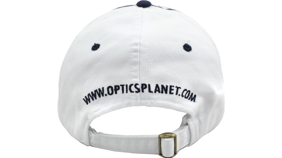 OpticsPlanet Hat Front View, White with Blue Details
