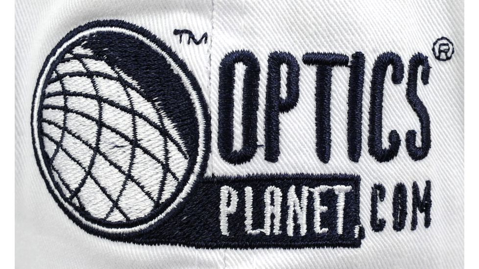 OpticsPlanet Hat Front View, White with Blue Details