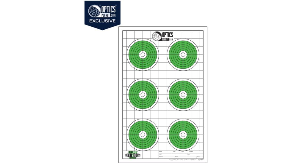 OpticsPlanet Exclusive EZ2C Targets Red Dot Optics Style 6, Green and Black Ink on High Quality White Paper, 25 Pack, EZ2CRD06